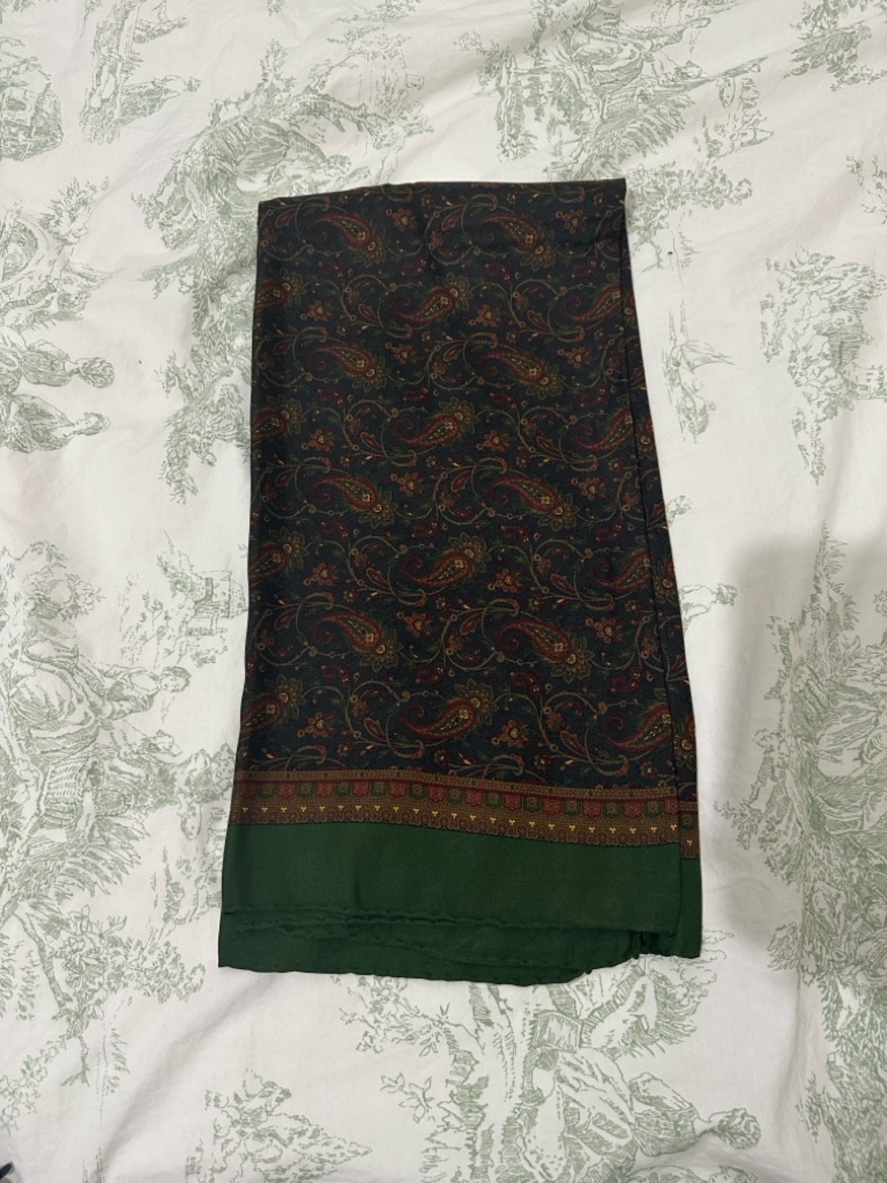 Silk Paisley Print Scarf with Green Border